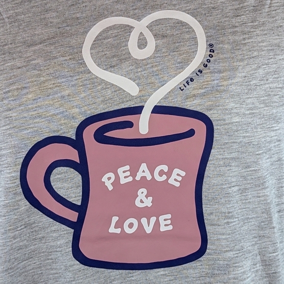 Life Is Good PJ Set Short Sleeve Top Shorts Peace & Love Coffee Grey Pink L NWT - Picture 4 of 12